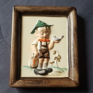 Vintage Hummel Plaque: Signed Ceramic Boy with Bird, Napco Japan